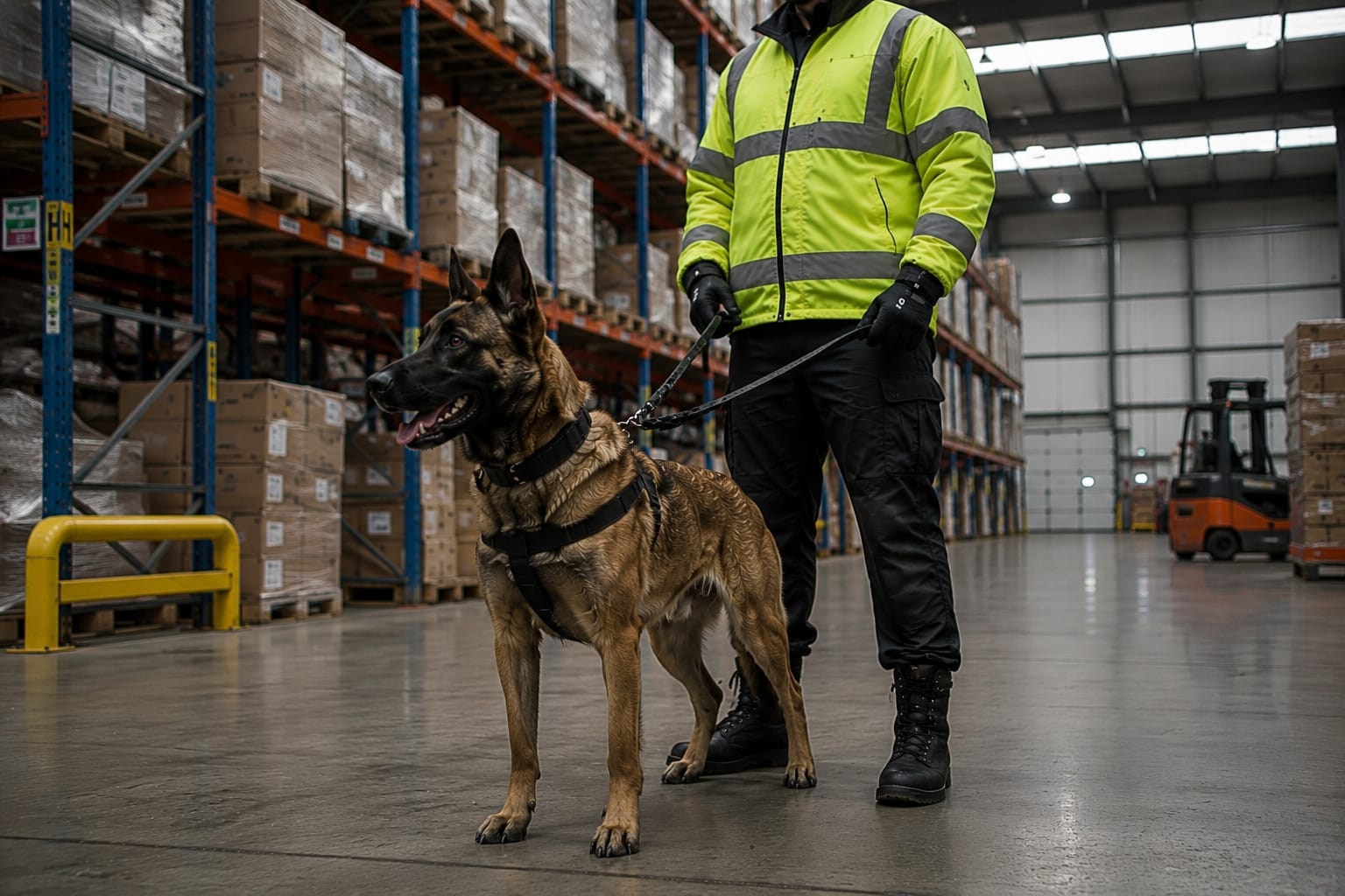 Security dog handler and dog protecting a commercial site