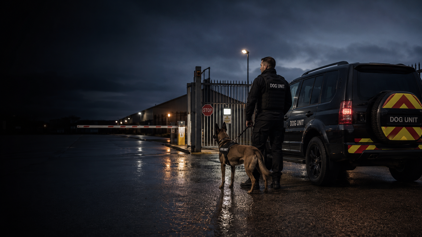 Security dog handler patrol with a black dog