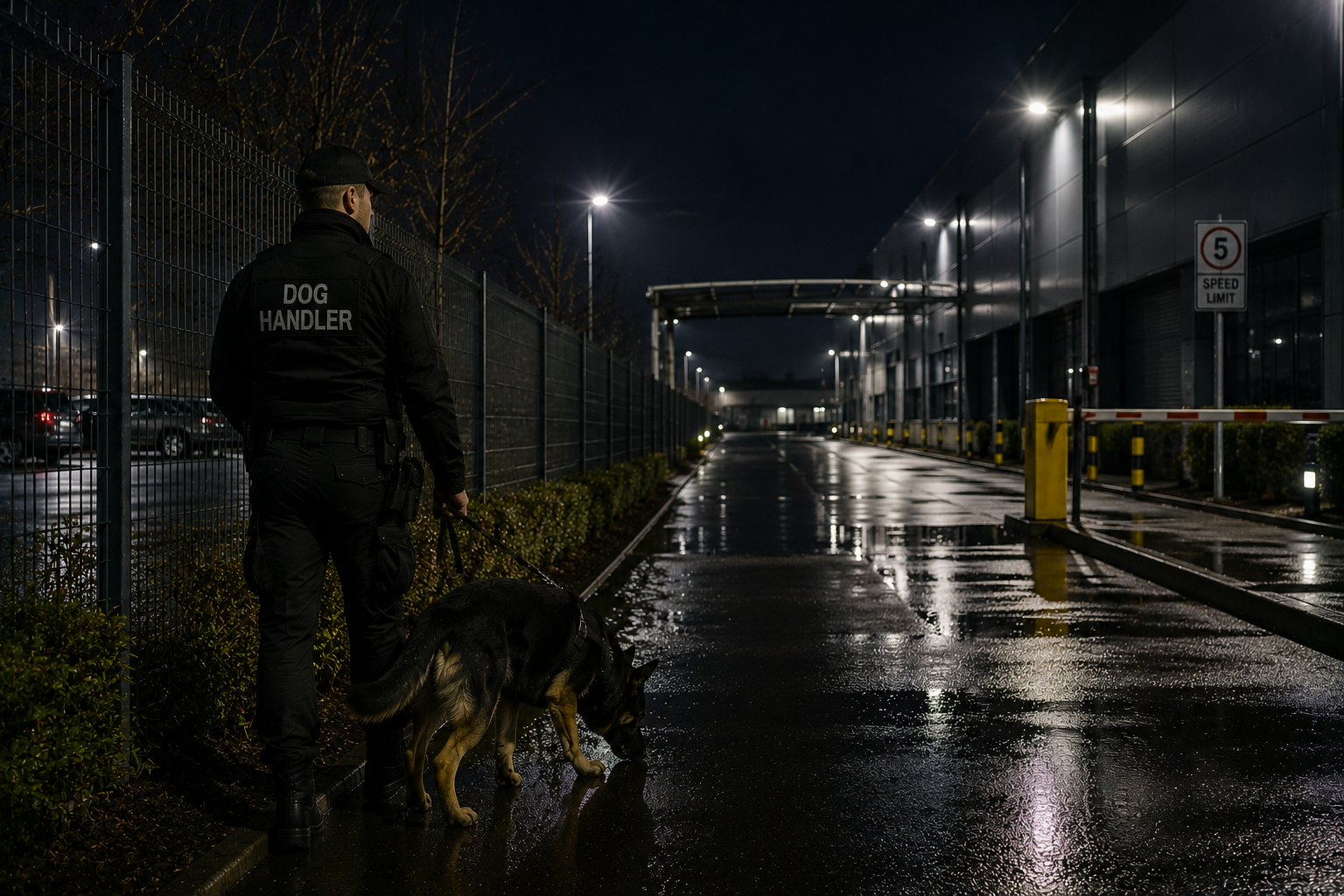 Security dog handler patrol with a black dog