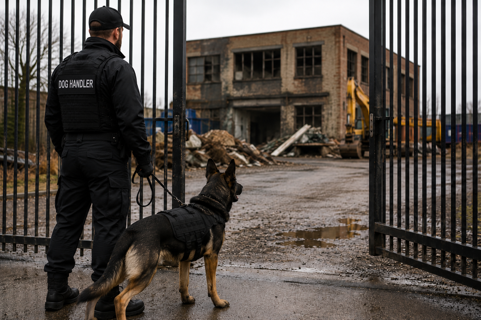 Security dog handler patrol with a black dog