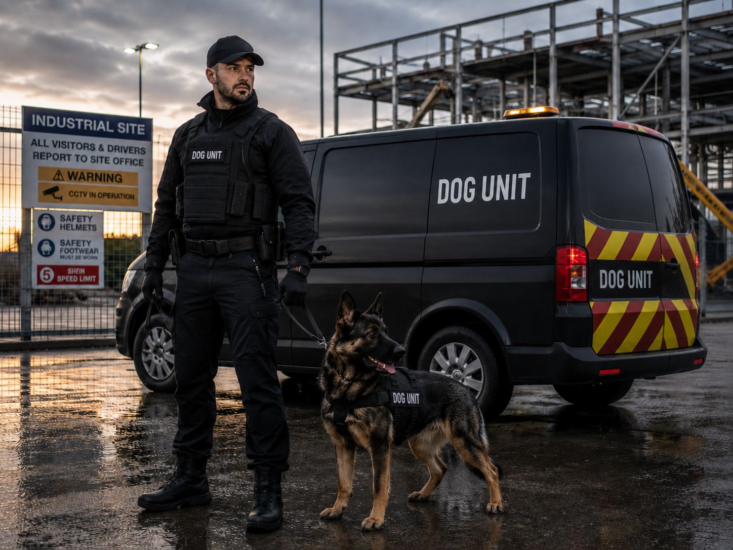 Security dog handler patrol with a black dog
