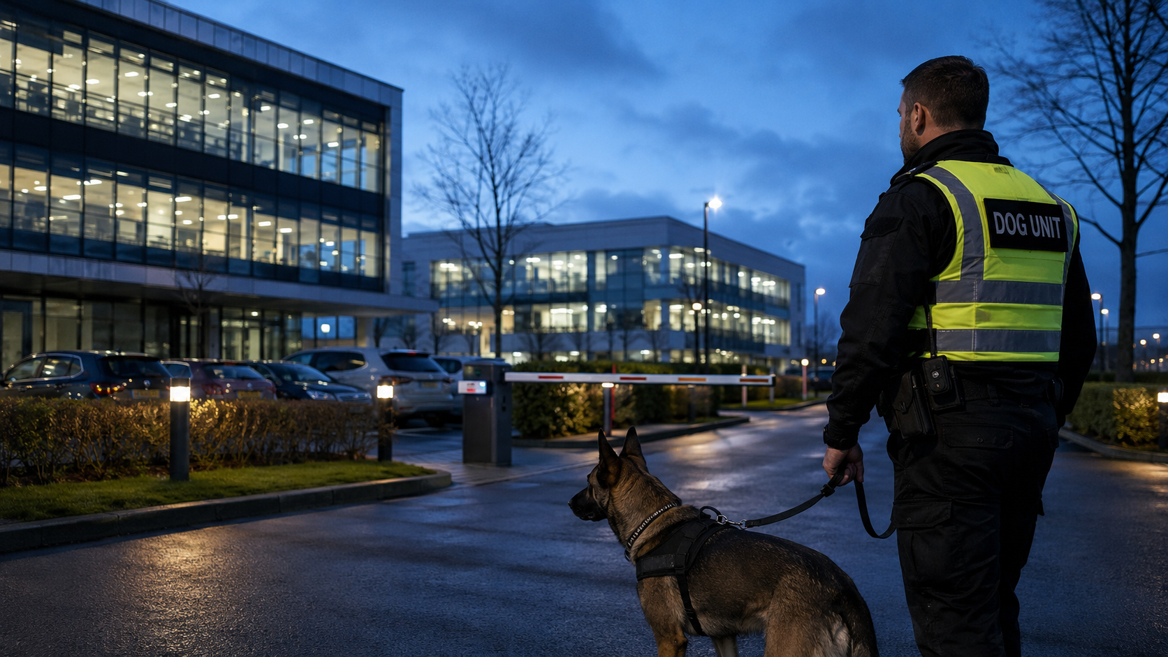 Security dog handler and dog inside a warehouse aisle