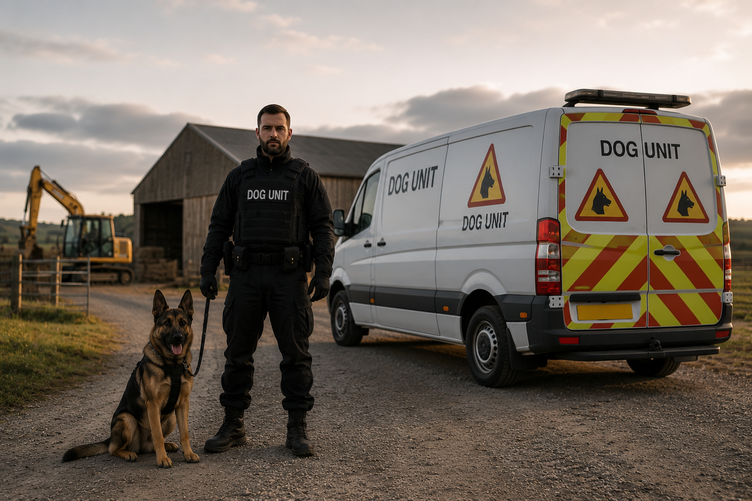 Security dog handler and dog inside a warehouse aisle
