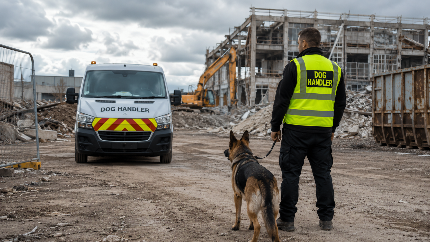 Security dog handler patrol with a black dog