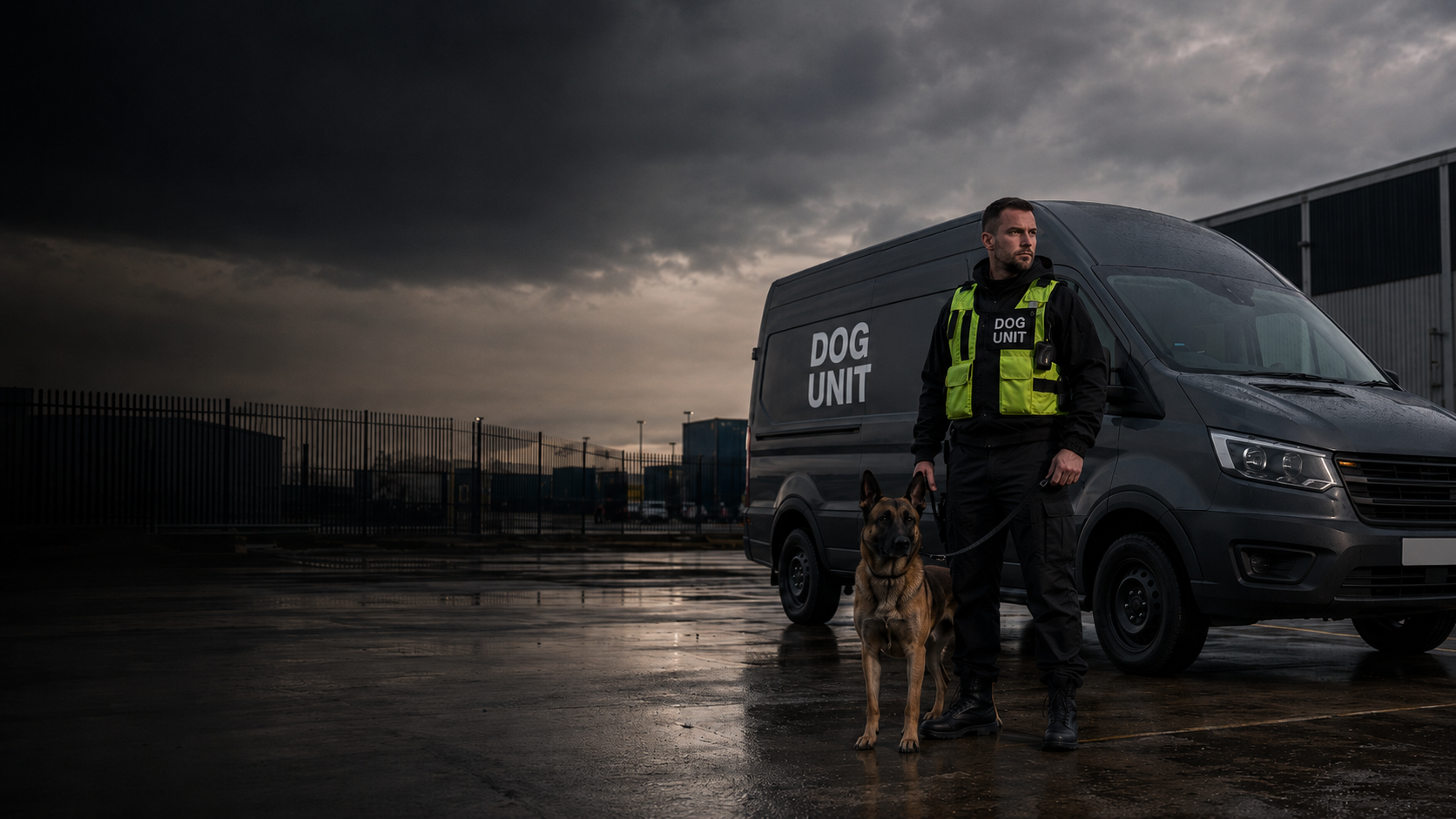 Security dog handler patrol with a black dog